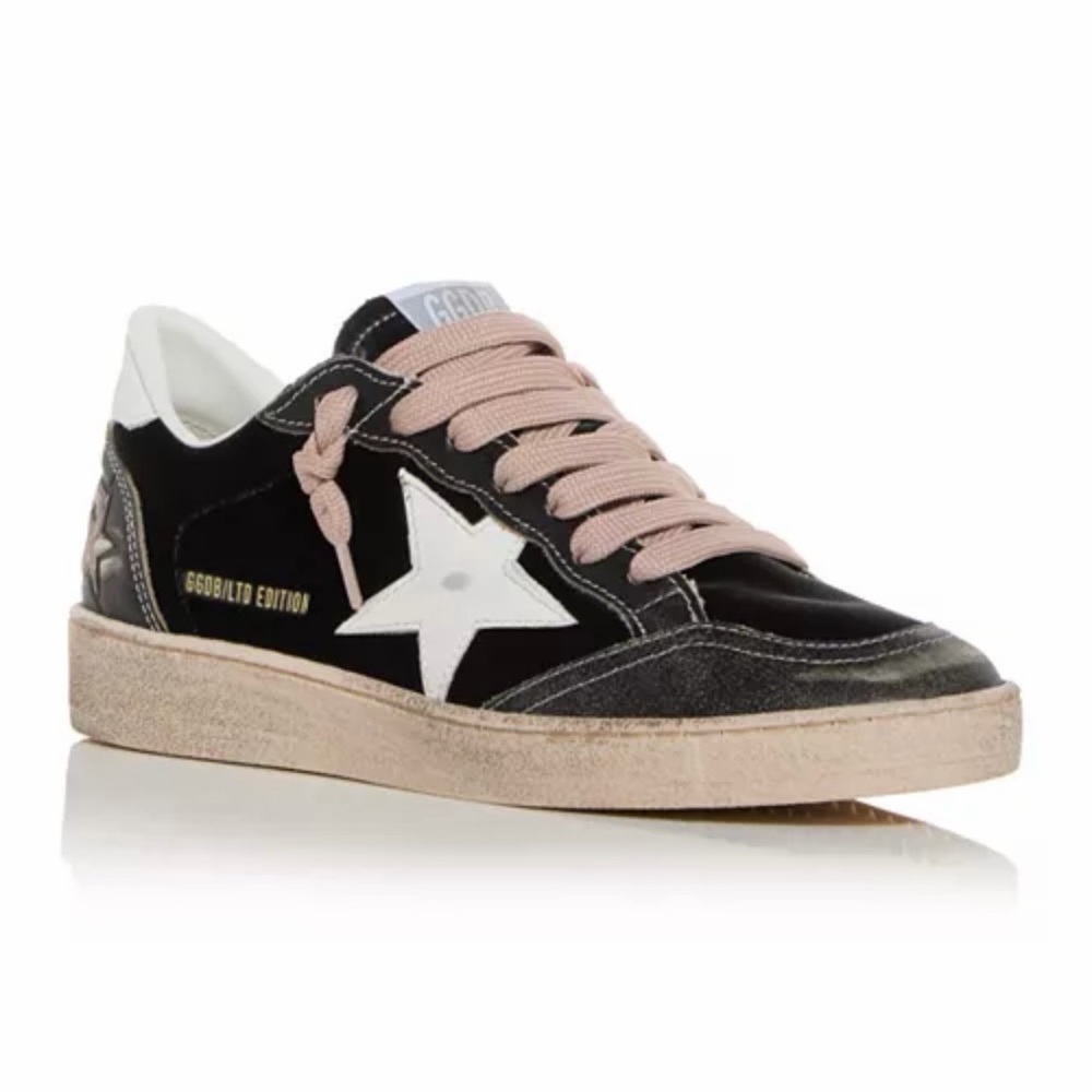 Golden Goose Black Leather Sneakers with White Star and Pink Laces